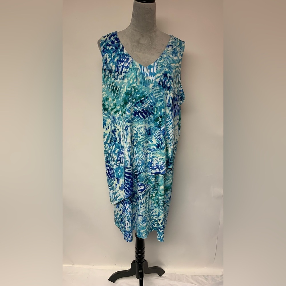 Susan Graver liquid knit dress SZ 1XP V-neck sleeveless pullover tired bottom